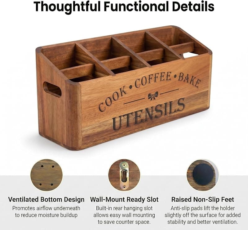 YanKiTour Acacia Wood Utensil Holder with 4 Compartments for Countertop or Wall Mounting Organizes Kitchen Spatulas Cutlery and Cooking Tools — 3 of 5