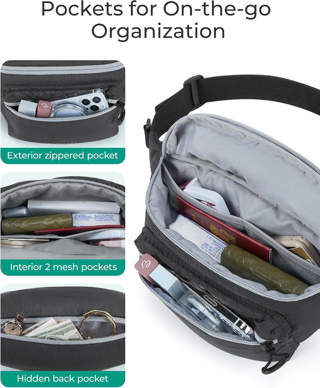 Lightweight Black Fanny Pack with Multi-Compartment Storage, Scratch-Resistant Water-Resistant Fabric, Flip-Top Quick Access and Utility Clip — 4 of 4