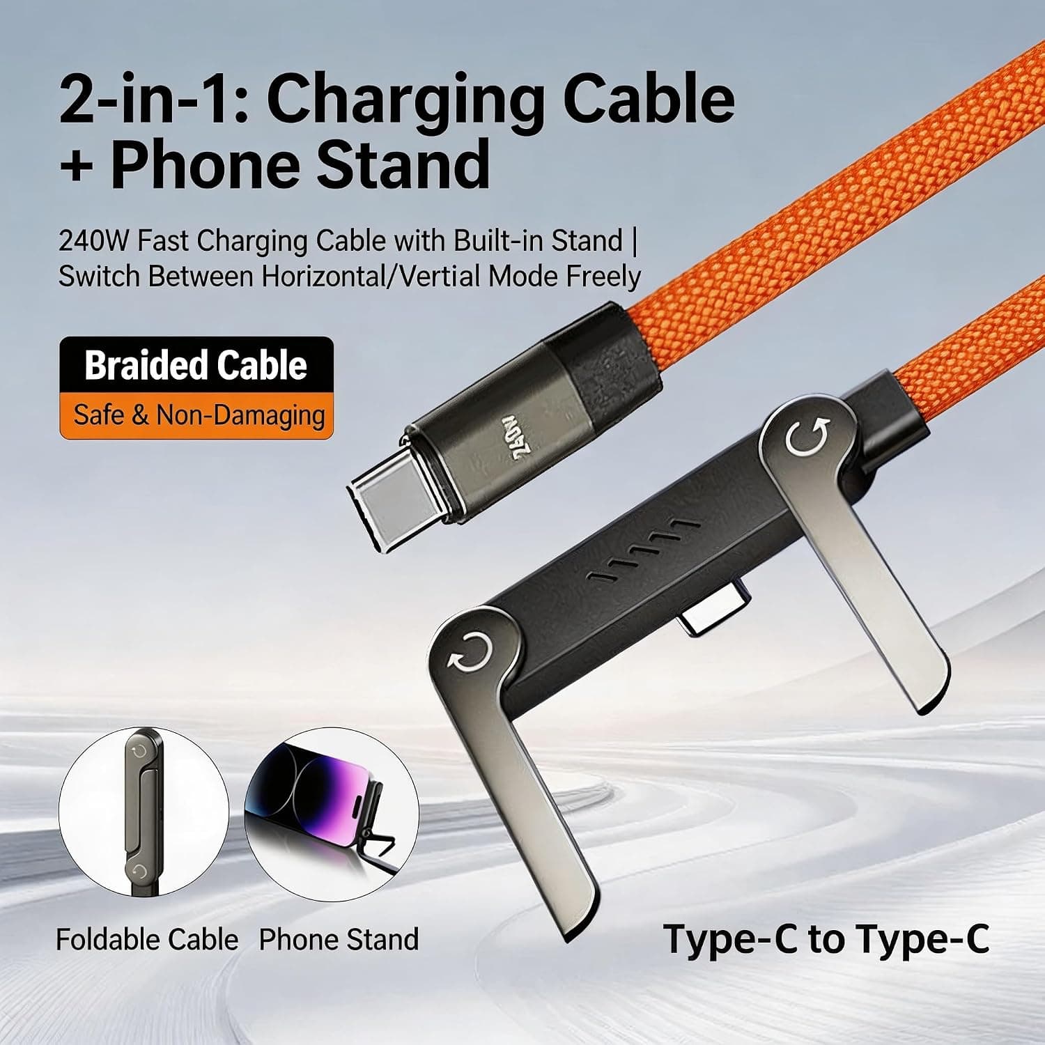 USB-C to USB-C 90-Degree Braided Fast Charging Cable featuring Integrated Foldable Phone Stand and Durable Design for Daily Use — 5 of 5