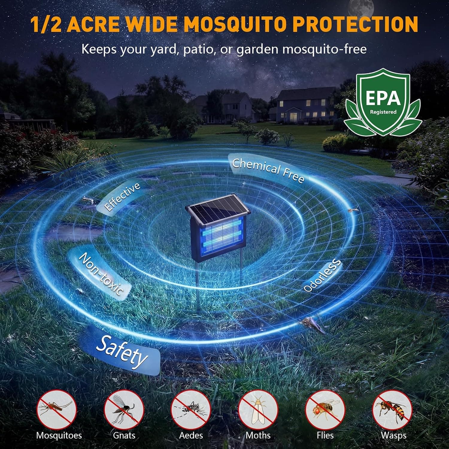 Solar Mosquito Zapper 4500V Outdoor Bug Zapper with 1/2 Acre Coverage, 4000mAh Battery, Dual Solar and USB Charging, and IPX5 Waterproof Rating — 4 of 5