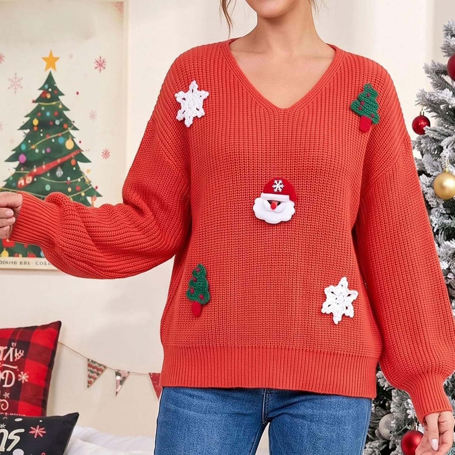 Christmas Sweater Christmas Tops for Women V Neck Sweaters for Women Orange with Festive Seasonal Style and Comfortable Casual Holiday Fit — 5 of 5