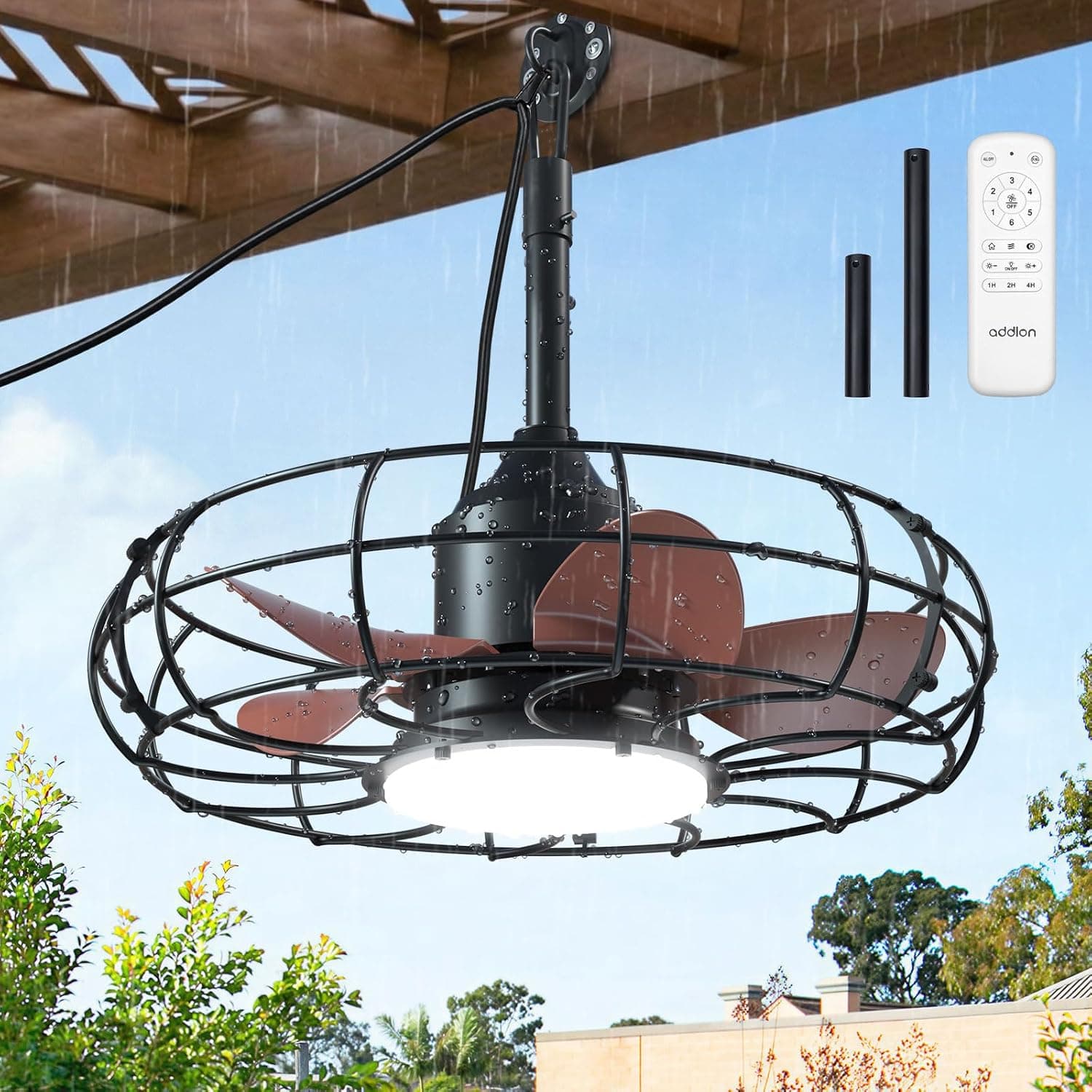 addlon 20-Inch Outdoor Ceiling Fan with Light for Patio, Featuring IP65 Weather-Resistant Design, Caged Fan Structure, and Convenient Plug-In Setup — 1 of 5