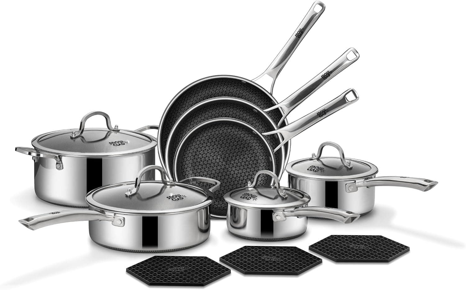 SNOWCLAD Pots and Pans Set Non Stick with Stainless Steel Kitchen Cookware Durable Build Oven Safe Design and Even Heat Distribution Performance — 1 of 5