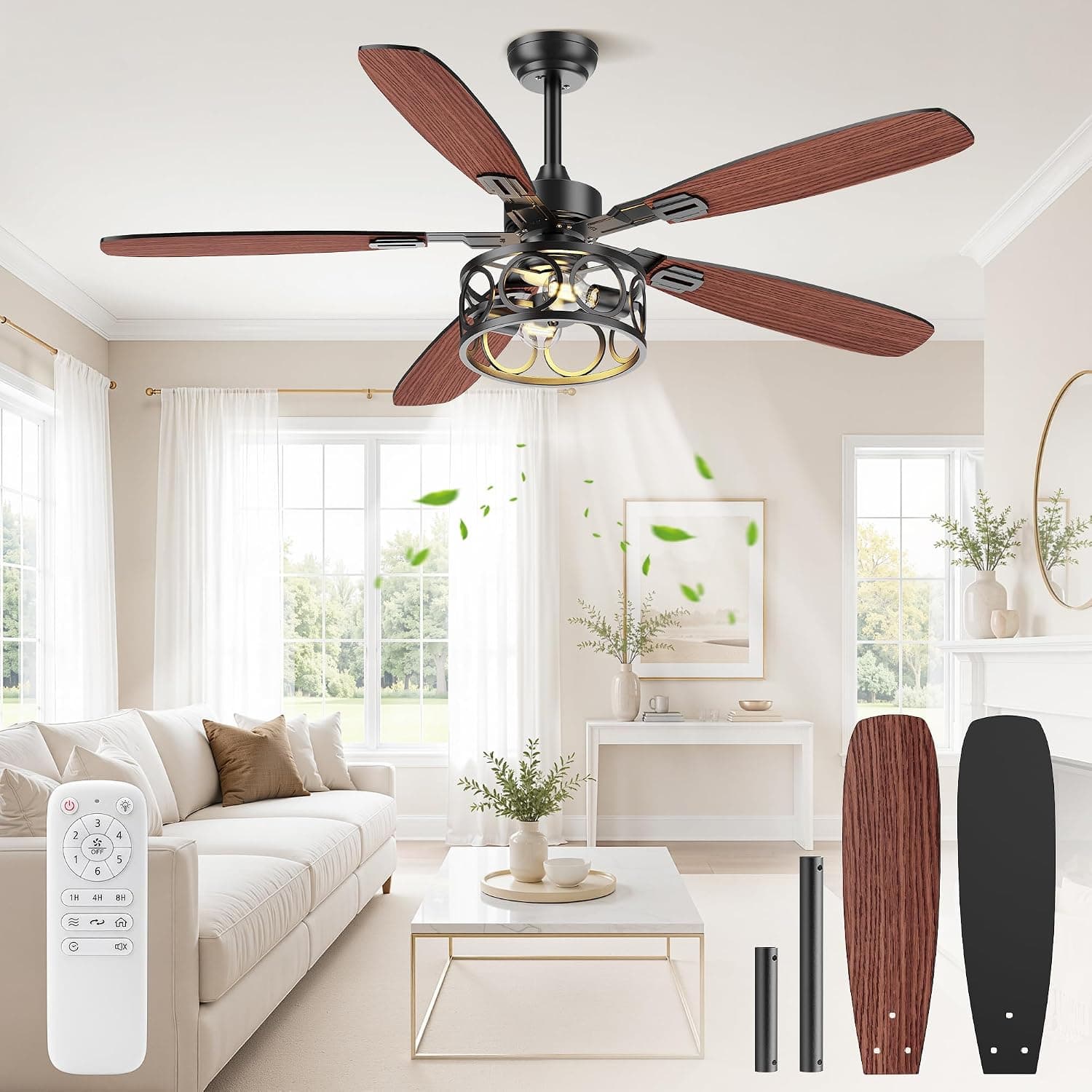 BLNAN 52 Inch Ceiling Fan with Lights and Remote, Dual Finish 5 Blades, 6 Speeds, Natural Wind, Quiet Under 35dB, and Flush Mount Design — 1 of 5