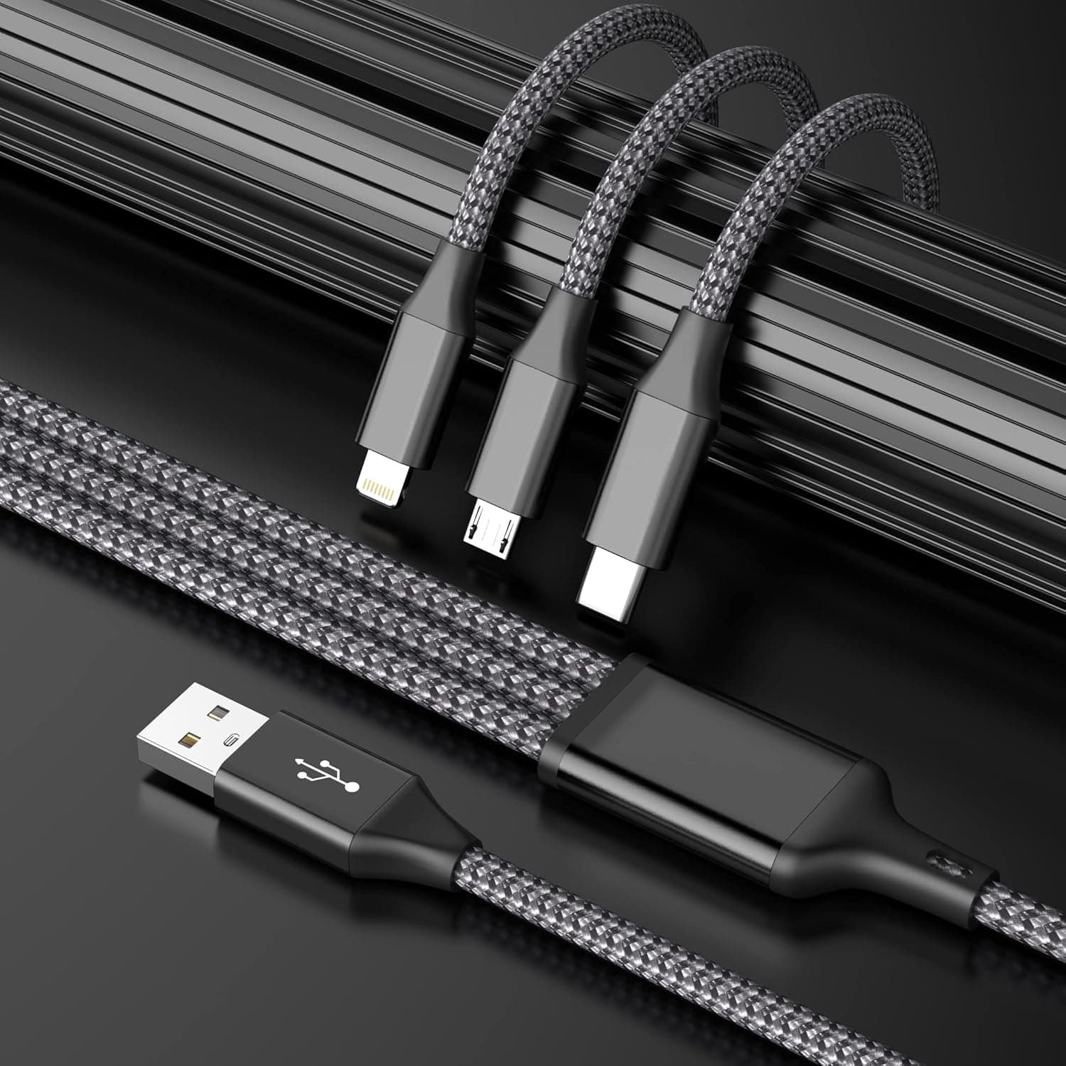 3-in-1 Multi Charging Cable 2 Pack 4ft with Durable Braided Nylon Cord, Fast Speed Universal Connectors, and Portable Travel Design — 3 of 5