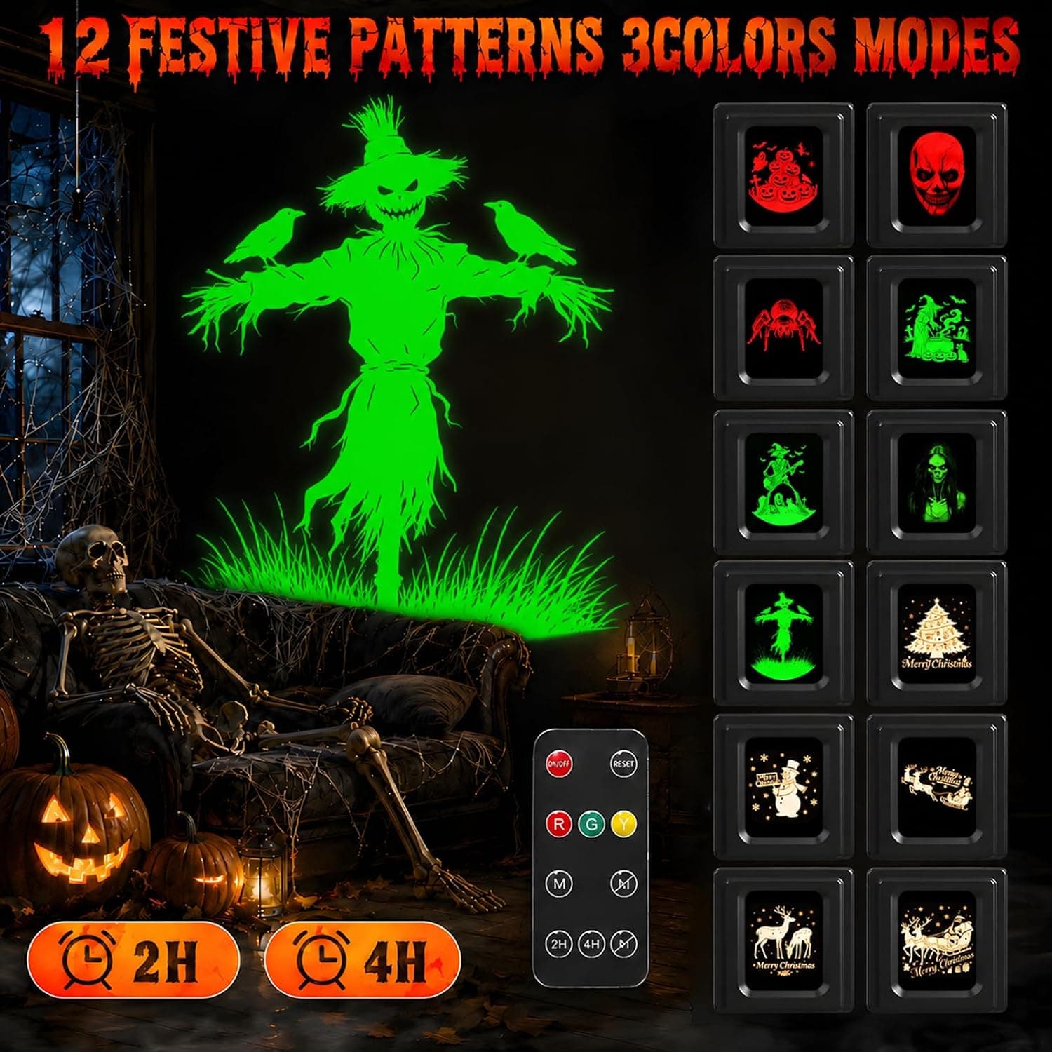 12-in-1 Halloween Projector Outdoor with 8 Moving 3D Characters, 4 Christmas Patterns, HD LED Chip, 270-Degree Swivel Head and All-Weather Rainproof — 3 of 5