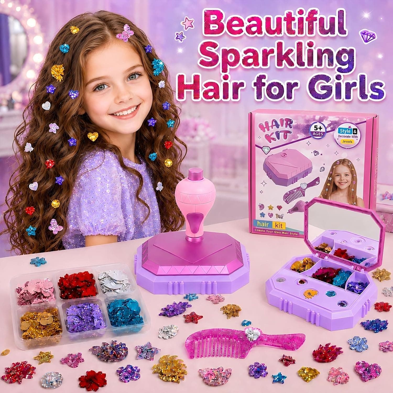 Hair Gem Stamper Kit with 200 Plus Glitter Sequins in Cute Shapes, Mirror Storage Case, Comb, Styling Tool for Creative Play and Party Hairstyles — 5 of 5