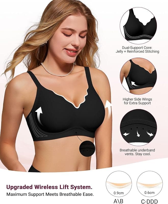 As Fairy Wireless Bras for Women Jelly Push Up Scalloped Bra Black 34C with Comfortable Support, Seamless Design and Everyday Wearable Fit — 2 of 5