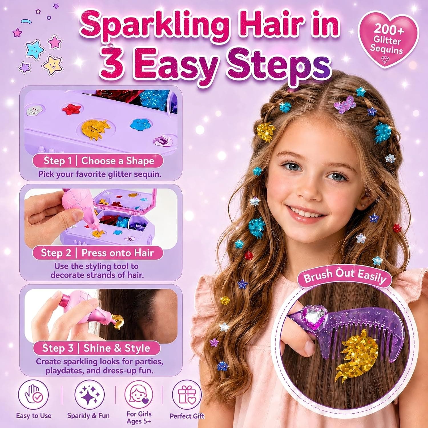 Hair Gem Stamper Kit with 200 Plus Glitter Sequins in Cute Shapes, Mirror Storage Case, Comb, Styling Tool for Creative Play and Party Hairstyles — 3 of 5