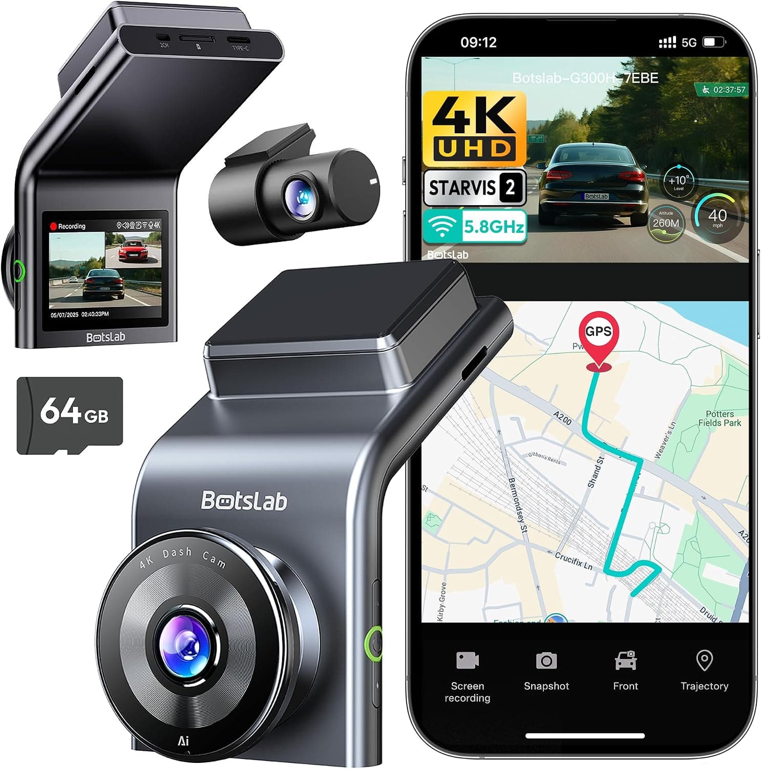 BOTSLAB G300H Plus 4K STARVIS 2 Dual Dash Cam Front and Rear with 2026 Upgraded Wide Angle Lens, Night Vision, and Built-In Wi-Fi Connectivity