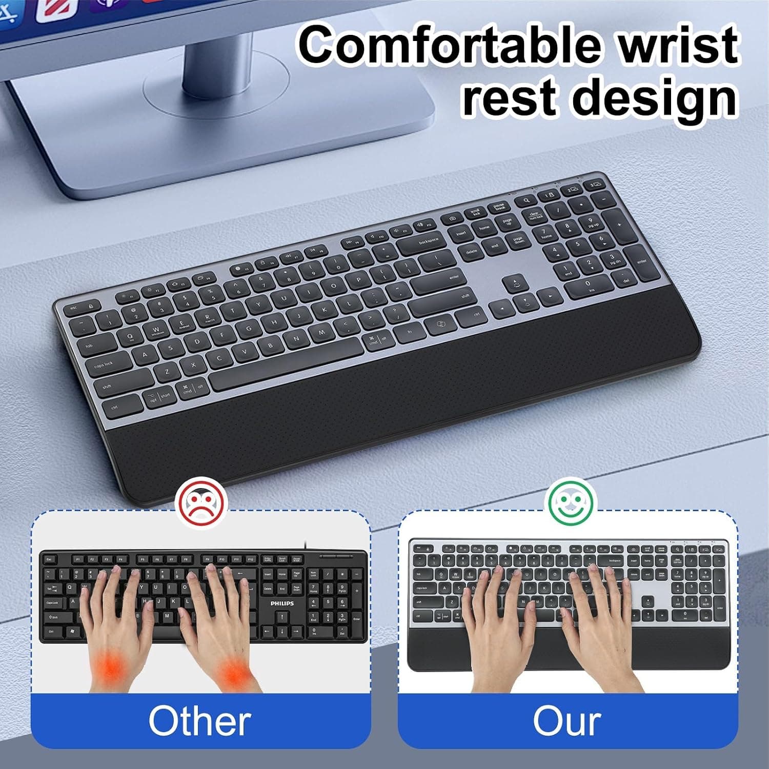 Rechargeable Full-Size Bluetooth Keyboard with Ergonomic Wrist Rest, Wireless Connectivity, Long Battery Life and Quiet Keys for Office Work — 4 of 5
