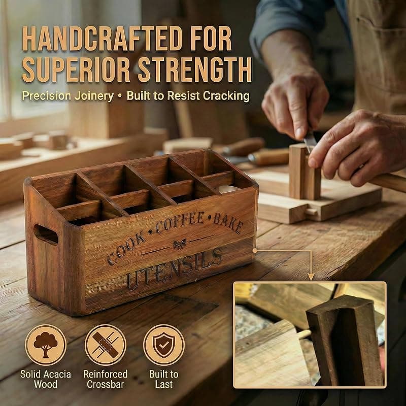 YanKiTour Acacia Wood Utensil Holder with 4 Compartments for Countertop or Wall Mounting Organizes Kitchen Spatulas Cutlery and Cooking Tools — 4 of 5
