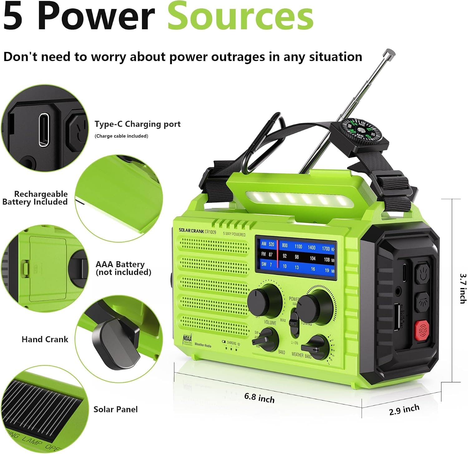 Emergency Weather Radio Battery 5000mAh 18500mWh with Rechargeable Power Bank and Hand Crank NOAA Alert Support — 3 of 5