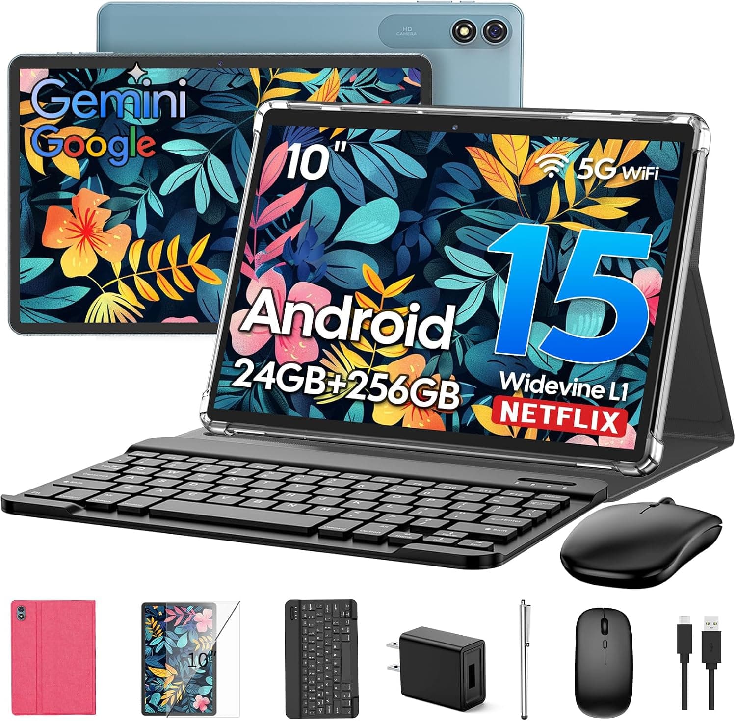 Android Tablet with Keyboard, 2026 Upgraded Android 16, 24GB+256GB Expand, 8-Core Processor, Gemini AI, WiFi, 8000mAh Battery and Pink Case — 1 of 5