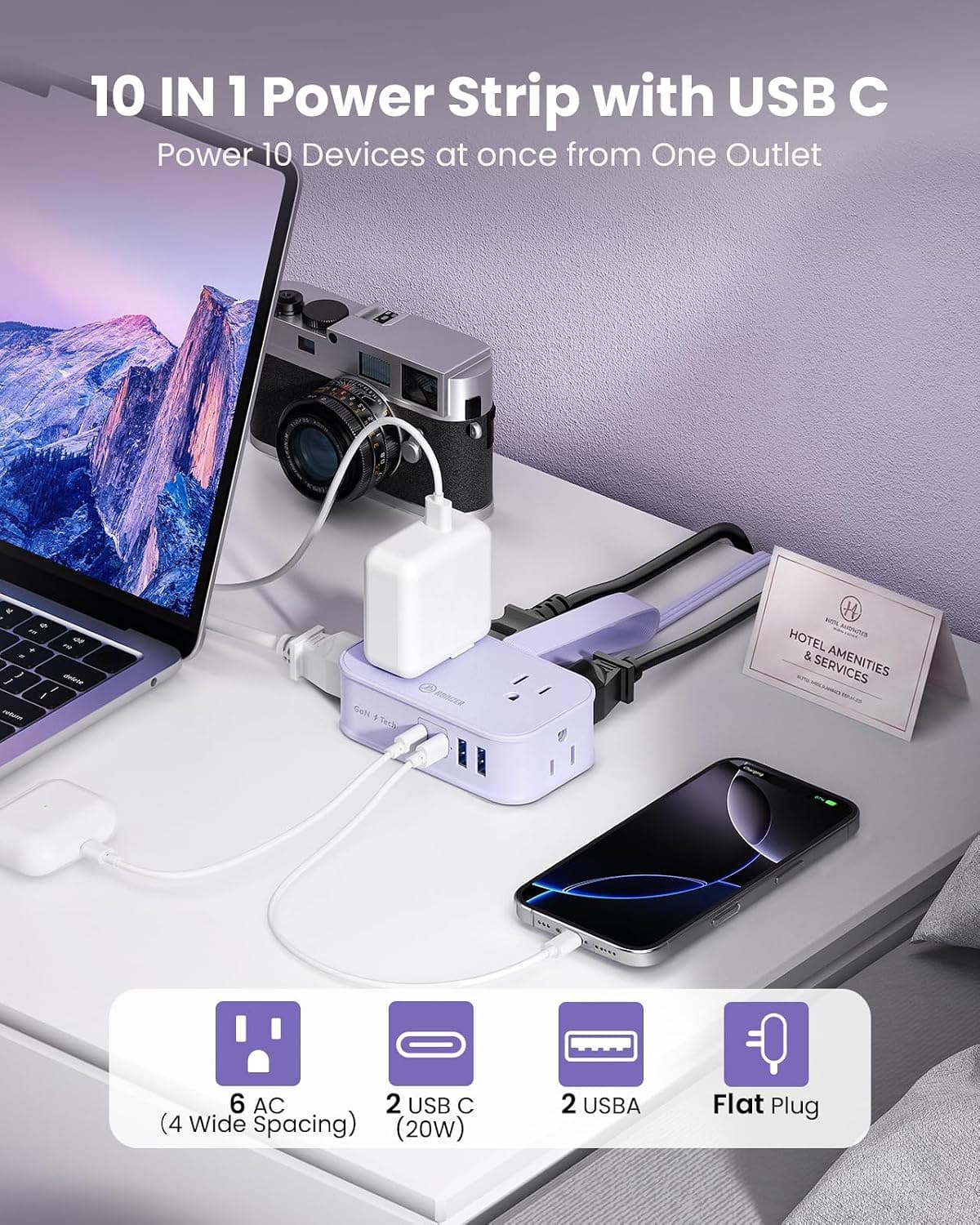 10-in-1 Cruise-Approved Travel Power Strip with 20W USB-C Fast Charging, Compact Flat Plug Design, Surge Protection, and Portable Lightweight Cord — 3 of 5