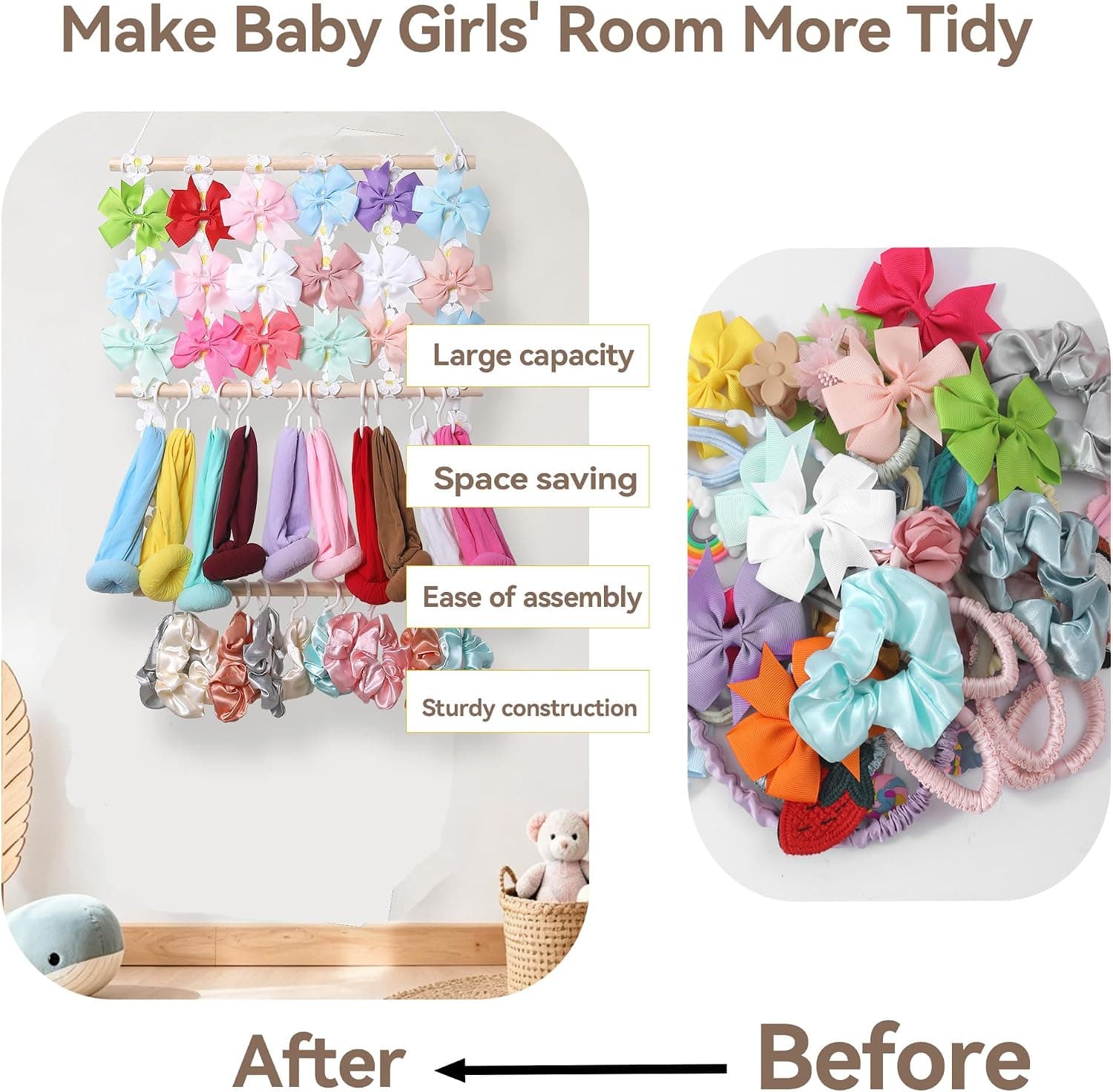 Headband Holder Hair Bow Organizer for Girls Room Nursery with Large Capacity Storage Space, Wall Hanging Design, and Durable Cotton Canvas Material — 4 of 5