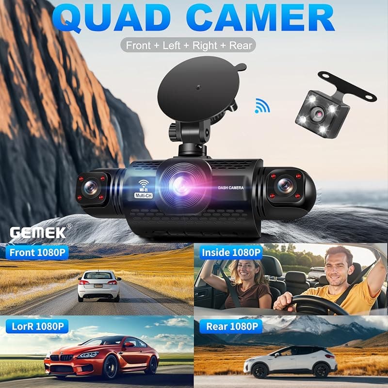 GEMEK 360 Degree View 4 Channel Dash Cam with 2K Front and Rear Inside Left Right Coverage, 5G WiFi App Control, Free 64GB TF Card and Night Vision — 3 of 5
