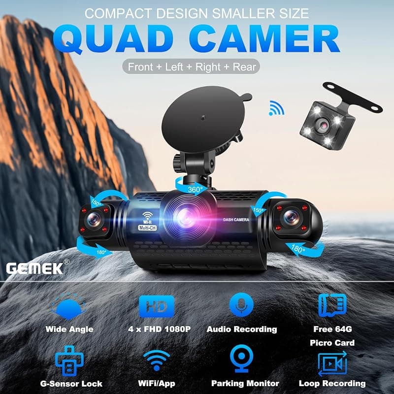 GEMEK 360 Degree View 4 Channel Dash Cam with 2K Front and Rear Inside Left Right Coverage, 5G WiFi App Control, Free 64GB TF Card and Night Vision — 2 of 5