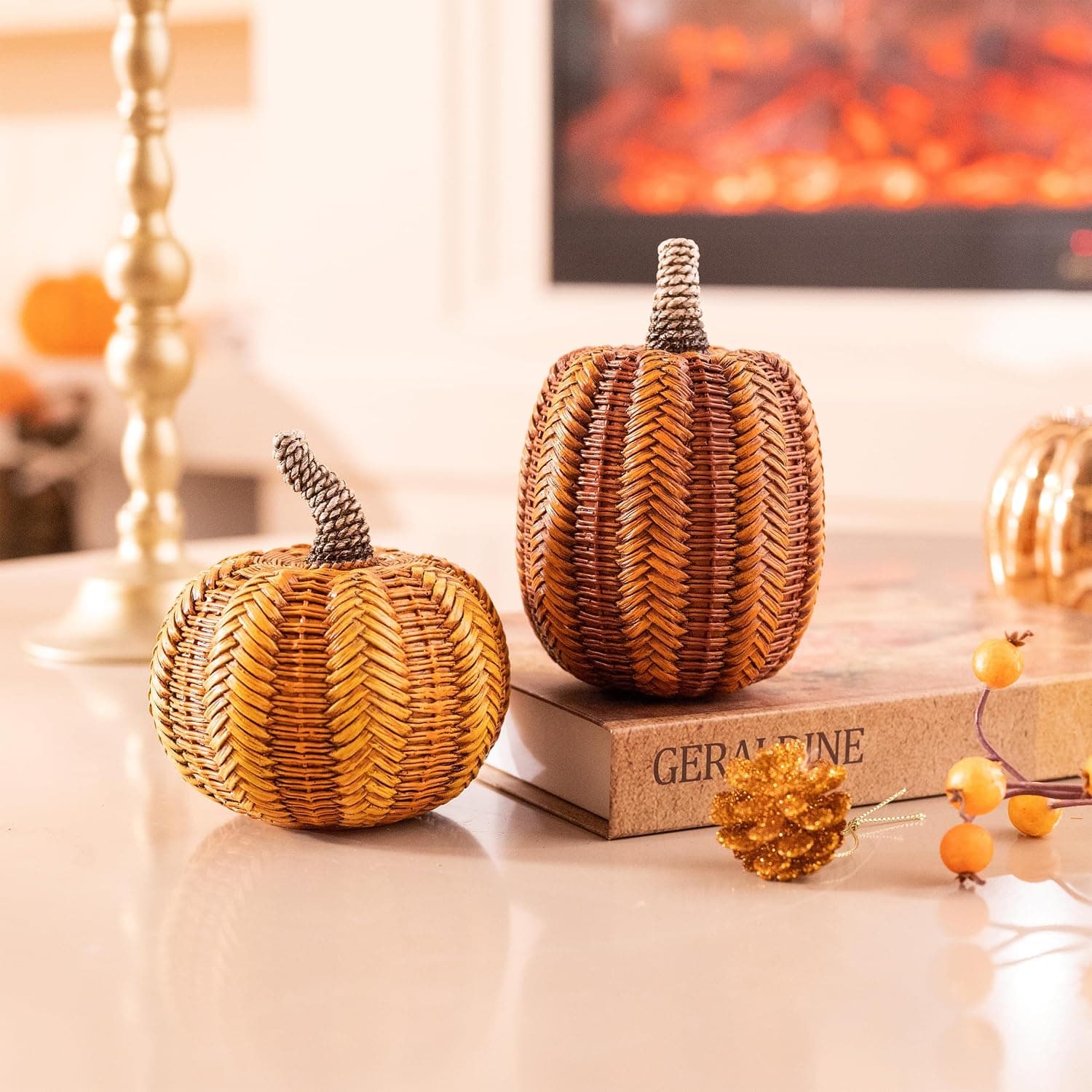 Resin Pumpkin Decorations 2-Piece Set with Detailed Autumnal Fall Harvest Design for Tabletop Mantel Centerpiece Indoor Holiday Home Decor — 4 of 5