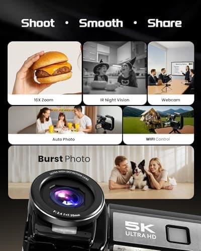 5K Video Camera Camcorder UHD 64MP Vlogging Camera with 3 Inch 270 Degree Rotatable Touch Screen IR Night Vision 16X Zoom WiFi and External Microphone — 4 of 5