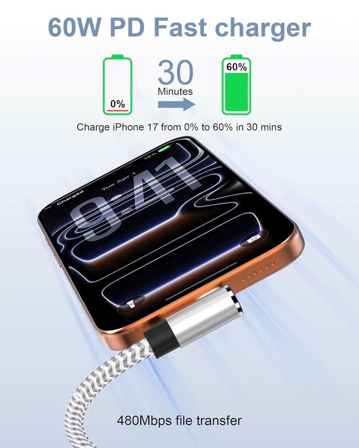 USB-C 10ft 90 Degree Nylon Braided Cable 2 Pack with Fast Charging Support and Heavy Duty Strain Relief for Phone Tablet and Laptop Devices — 3 of 5