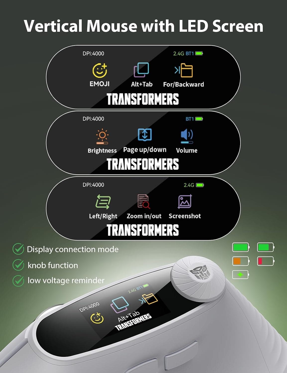 Transformers Vertical Ergonomic Mouse with LED Screen and Adjustable Knob — 3 of 5