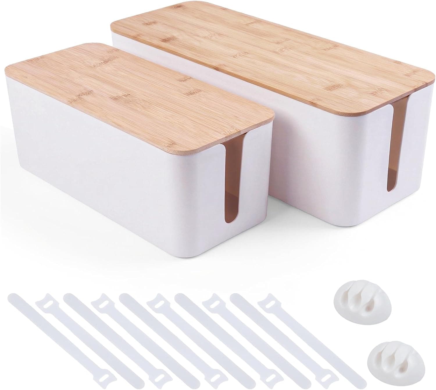 Cable Management Box Wooden Style 2 Pack with Large and Medium Cord Hider Boxes, Cable Ties, Clips, Fire-Retardant ABS Plastic and Childproof Design — 2 of 5