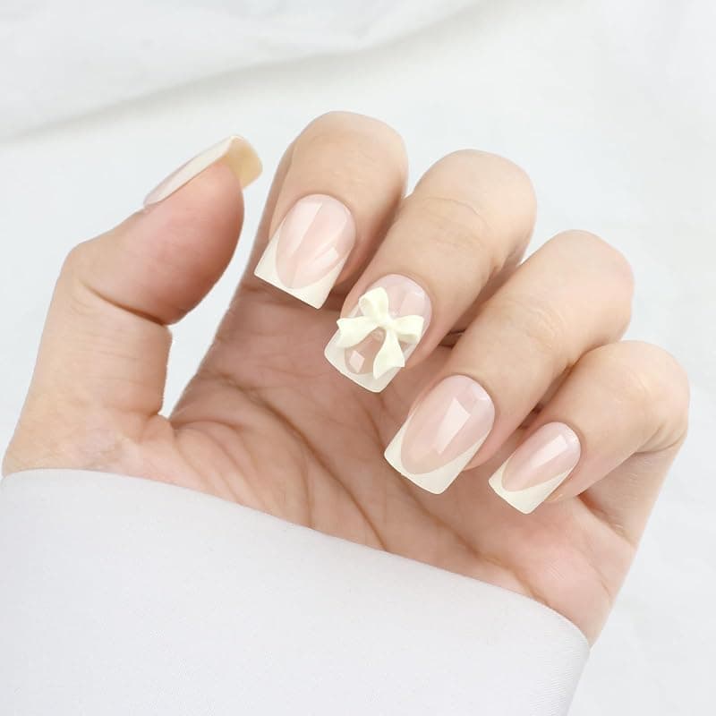 Milky Yellow French Tip Press on Nails Short Square Acrylic Fake Nails with Glue 24PCS Nude Cute 3D Cream Bow Design — 4 of 5