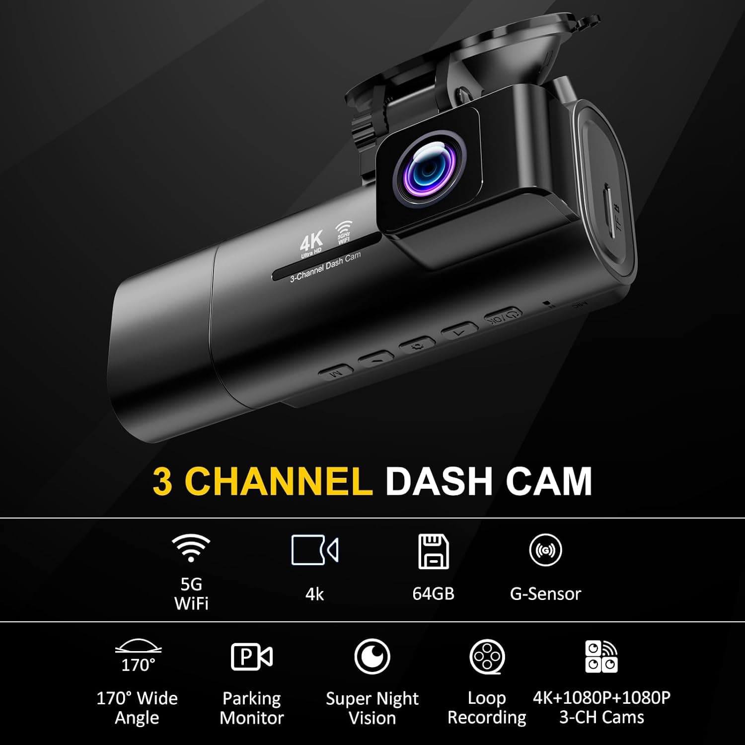 4K Front and Rear 3-Channel Dash Cam with Wide Angle Lens Night Vision Loop Recording and G-Sensor Protection for Ultimate Vehicle Security — 3 of 5