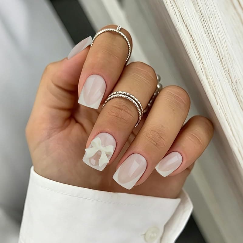 Milky Yellow French Tip Press on Nails Short Square Acrylic Fake Nails with Glue 24PCS Nude Cute 3D Cream Bow Design — 3 of 5