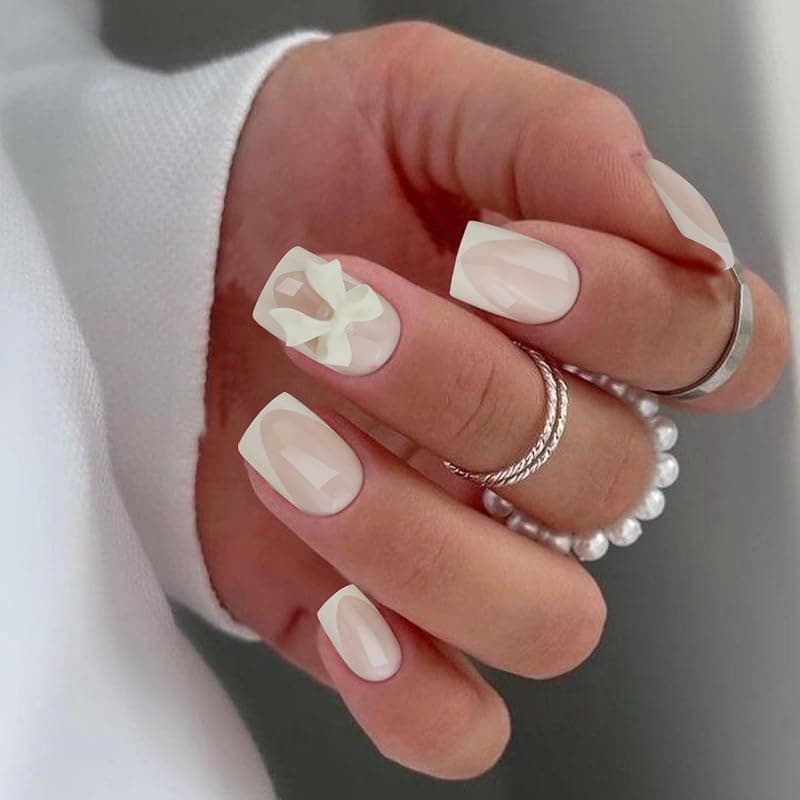 Milky Yellow French Tip Press on Nails Short Square Acrylic Fake Nails with Glue 24PCS Nude Cute 3D Cream Bow Design — 2 of 5