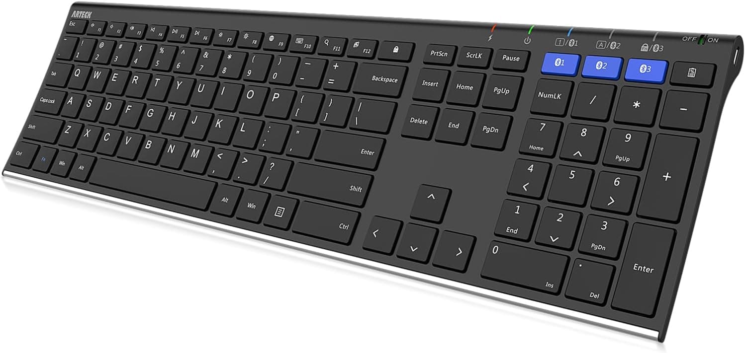 Arteck HB192 Universal Bluetooth Keyboard Stainless Steel Full Size Wireless Keyboard with Multi-Device Pairing and Rechargeable Battery for Multiple — 1 of 5