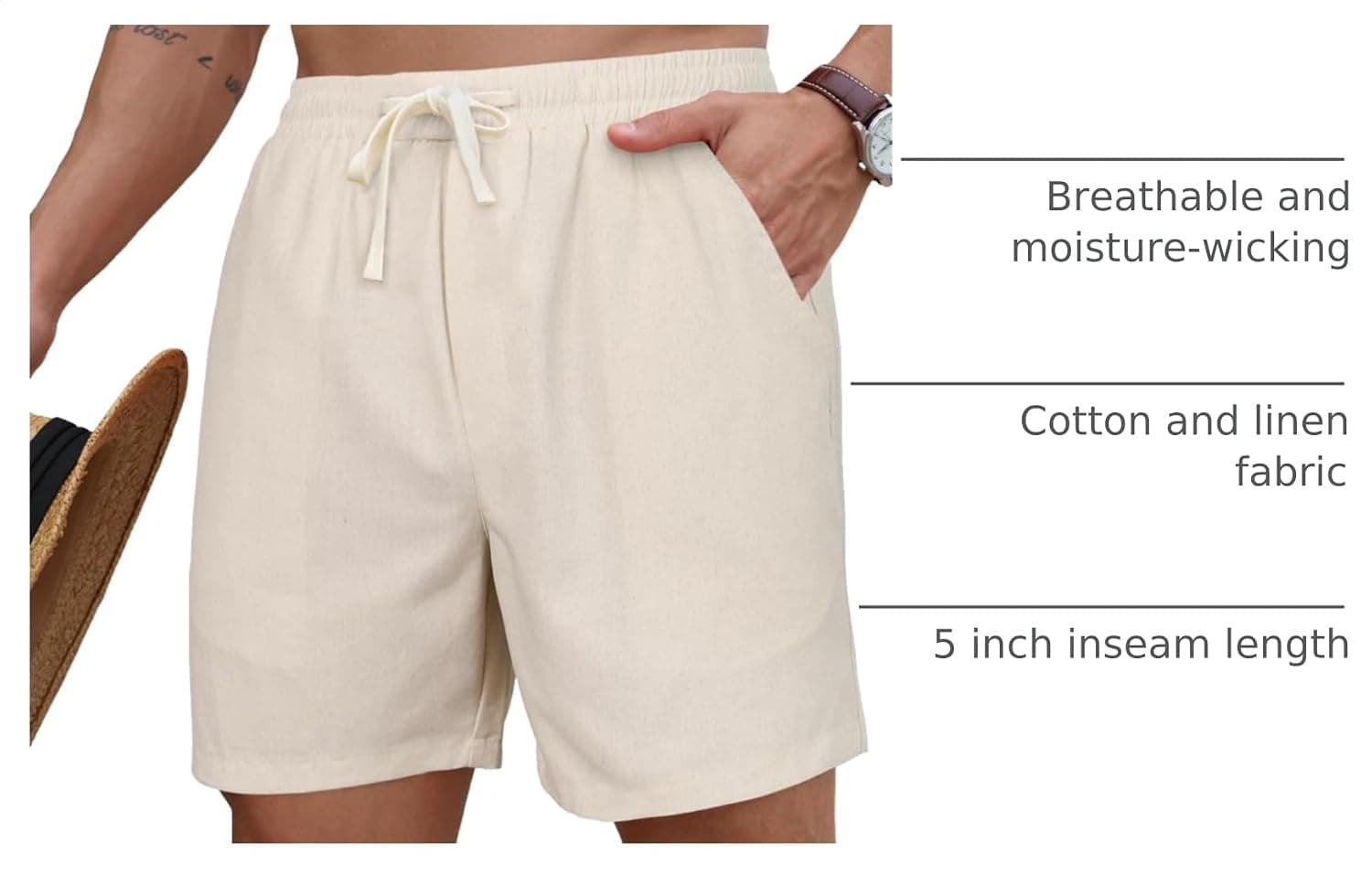 PLEPAN Mens 5 Inch Inseam Cotton Linen Shorts with Elastic Drawstring Waist, Deep Pockets, Lightweight Fabric and Breathable Summer Beach Design — 5 of 5
