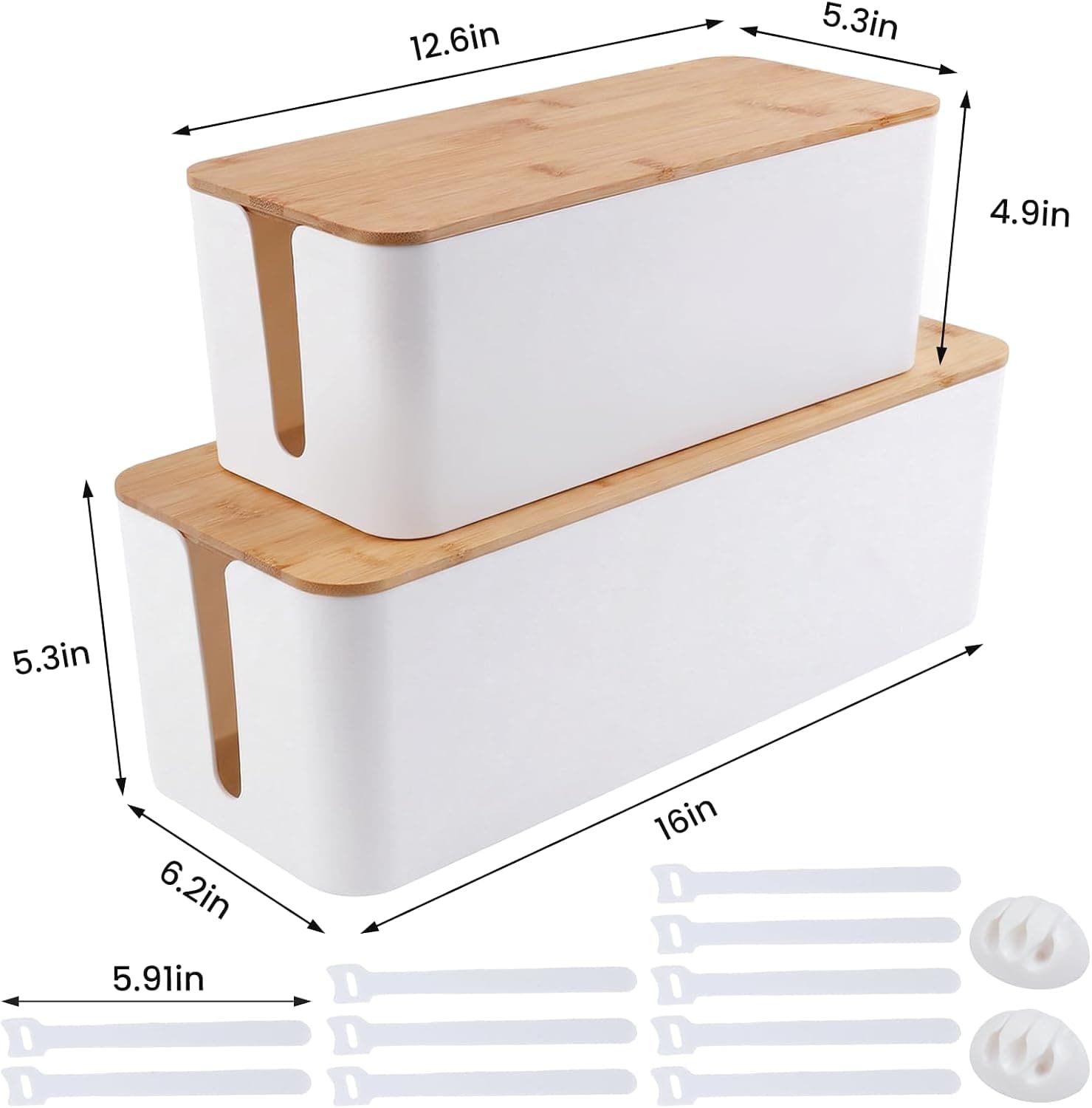 Cable Management Box Wooden Style 2 Pack with Large and Medium Cord Hider Boxes, Cable Ties, Clips, Fire-Retardant ABS Plastic and Childproof Design — 4 of 5