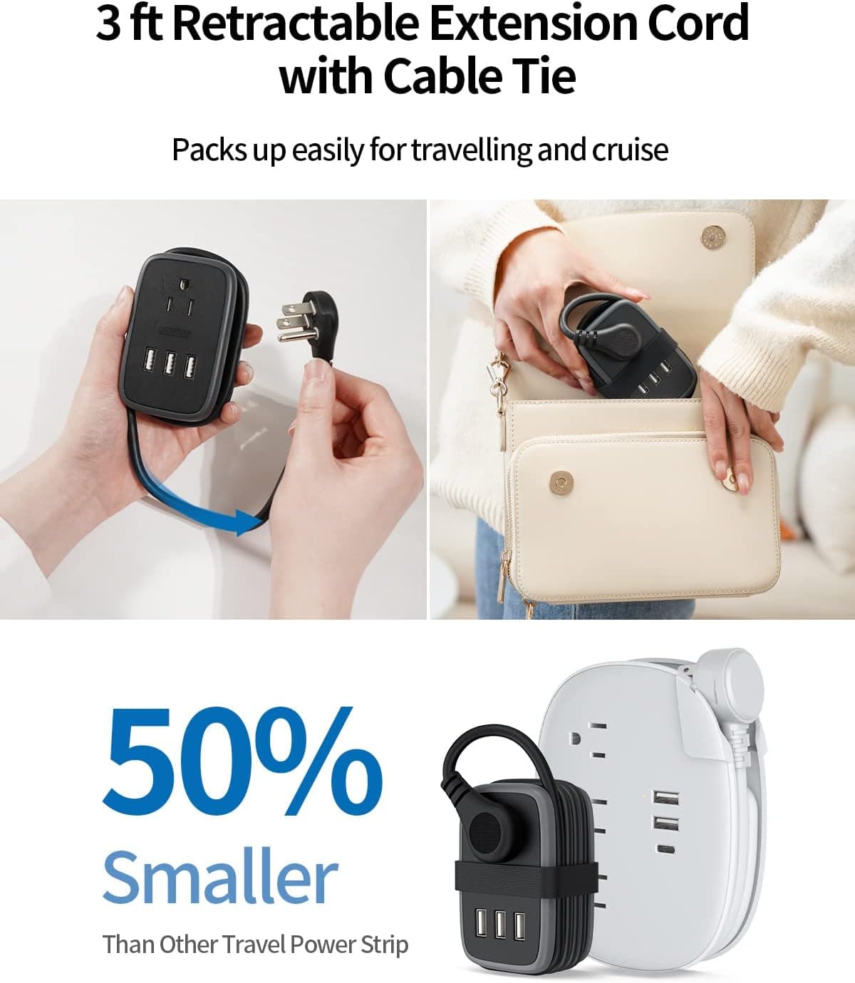 Travel Power Strip with 2 Outlets and 3 USB Ports Compact Surge Protector Portable Wall Charging Station for Cruise Ship and Hotel Room Essentials — 4 of 5