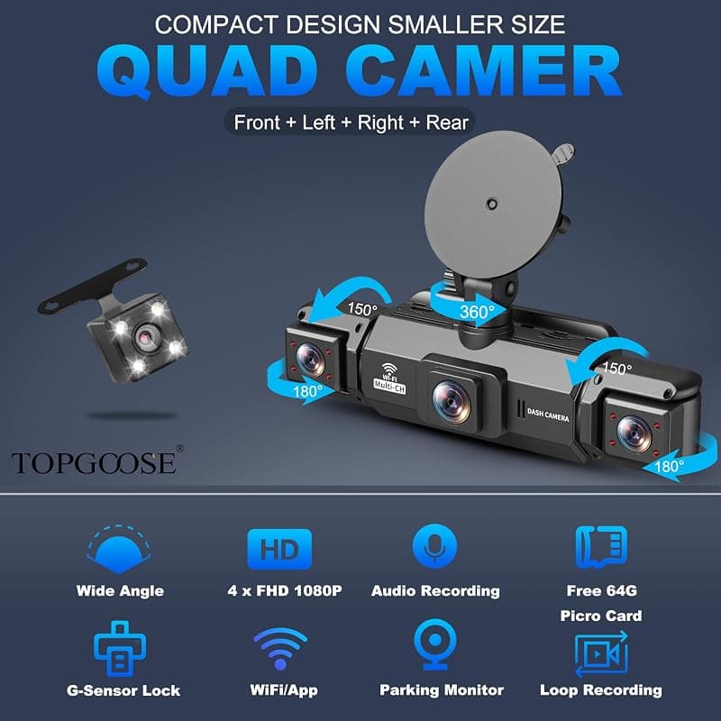 TOPGOOSE 4 Channel Dash Cam 360 Degree View 2K FHD Front Rear Inside Left Right Cameras with 5G WiFi App Control 64GB SD Card and Night Vision — 2 of 5
