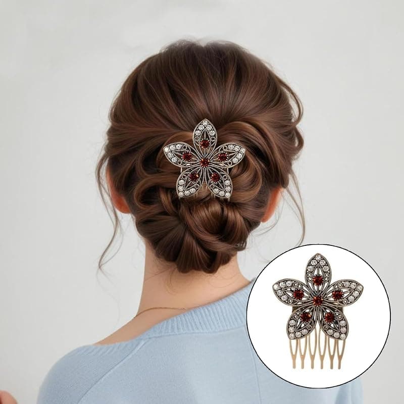 Vintage Gold Hair Side Combs 6-Piece Set with Butterfly, Flower, Leaf, Pearl, and Rhinestone Details for French Twist Bridal Wedding Party Styles — 4 of 5