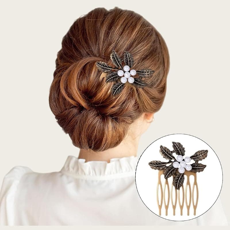Vintage Gold Hair Side Combs 6-Piece Set with Butterfly, Flower, Leaf, Pearl, and Rhinestone Details for French Twist Bridal Wedding Party Styles — 5 of 5