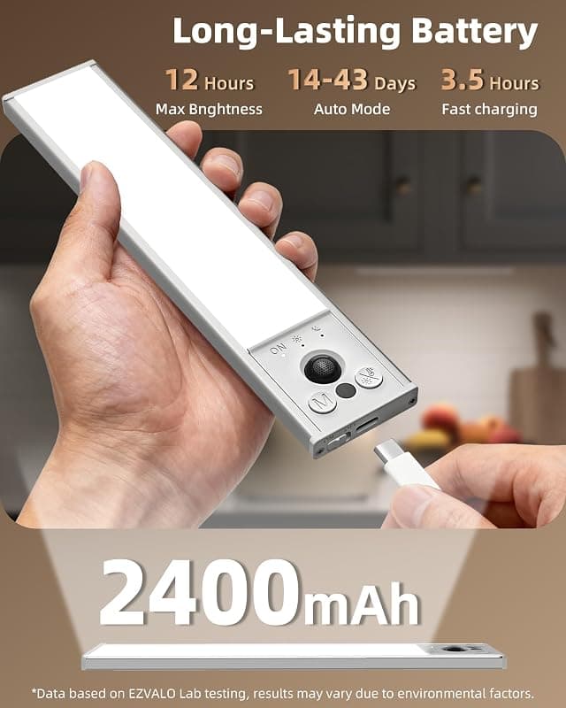 EZVALO 4-Pack Under Cabinet Lights with 2400mAh Rechargeable Battery, Motion Sensor, 3 Color Temperatures, Dimmable Design and Magnetic Mount — 4 of 5