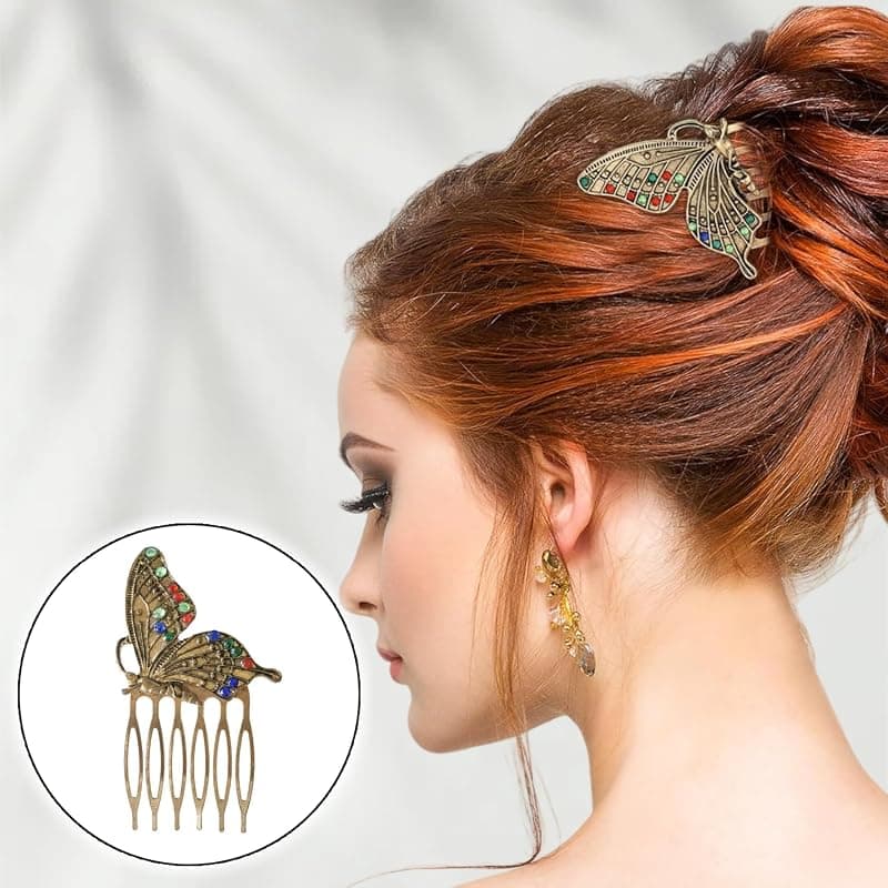 Vintage Gold Hair Side Combs 6-Piece Set with Butterfly, Flower, Leaf, Pearl, and Rhinestone Details for French Twist Bridal Wedding Party Styles — 3 of 5