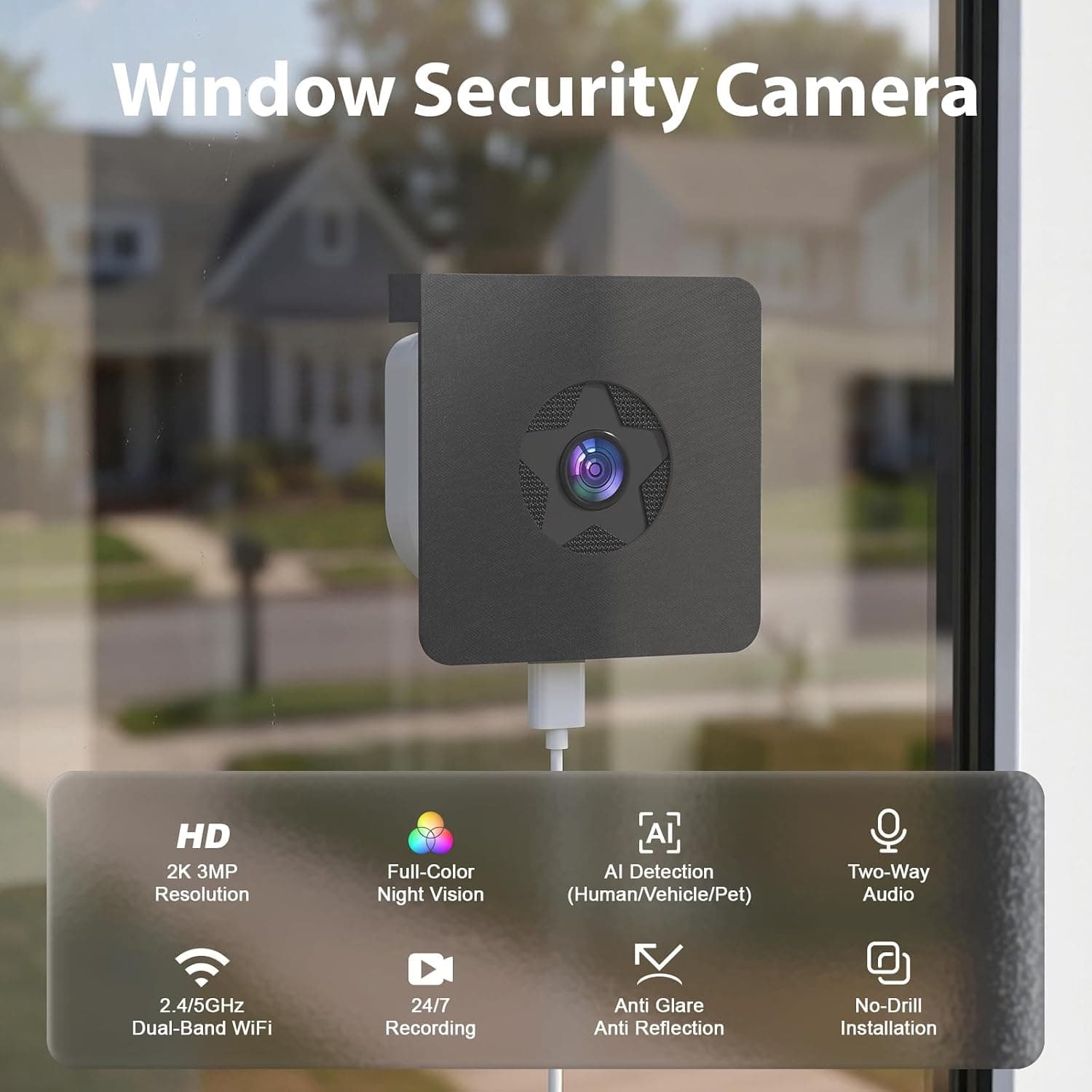3MP 2K Window Camera for Clear Outdoor Monitoring Through Glass with Smart AI Detection, Dual-Band WiFi, Full-Color Night Vision and Easy Setup — 3 of 5
