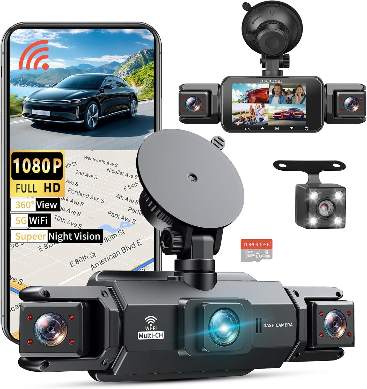 TOPGOOSE 4 Channel Dash Cam 360 Degree View 2K FHD Front Rear Inside Left Right Cameras with 5G WiFi App Control 64GB SD Card and Night Vision — 1 of 5