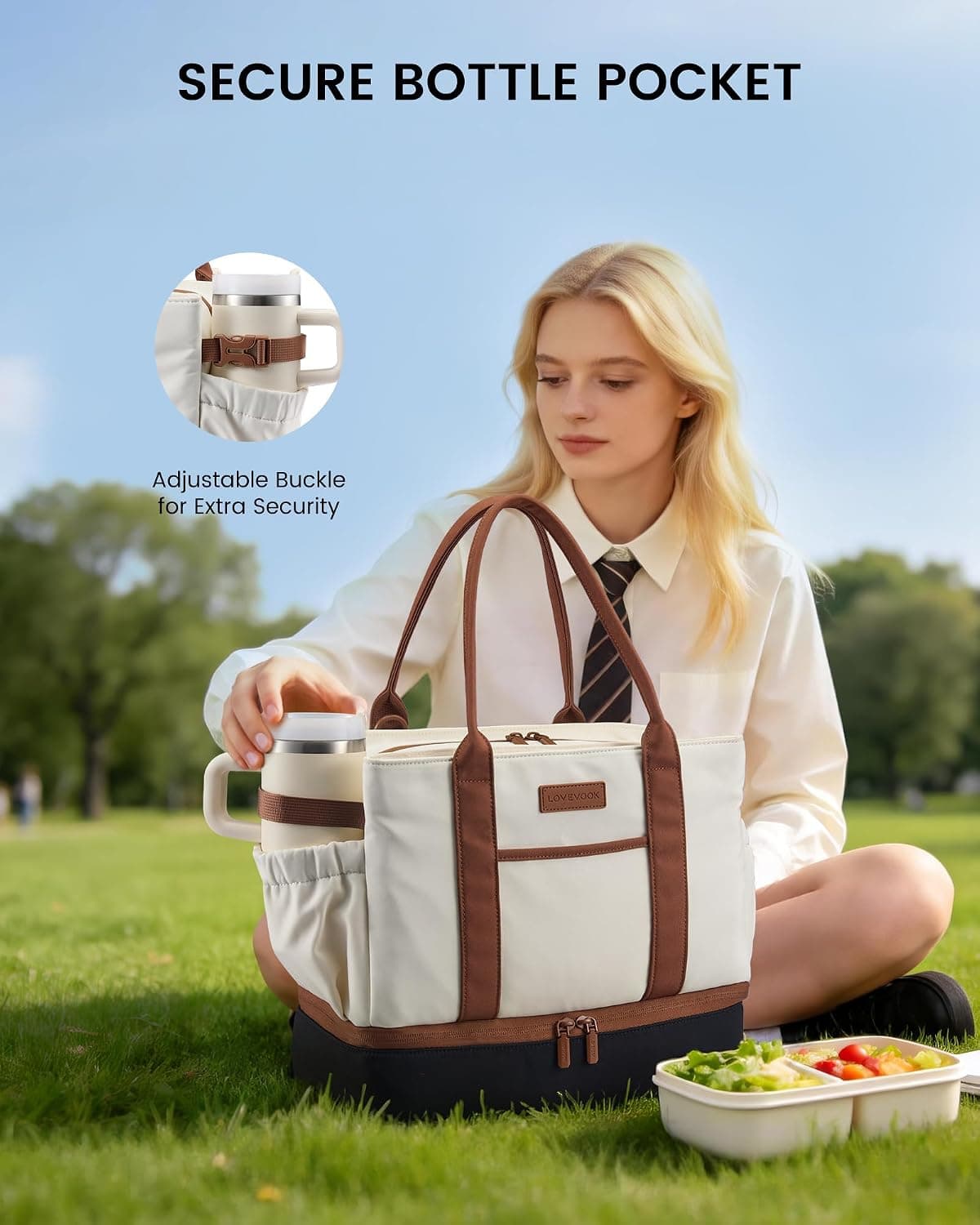 Insulated Lunch Bag with Triple Compartments and Dedicated Bottle Holder for Daily Meal Prep, Office, School, Work and Outdoor Travel Use — 4 of 5