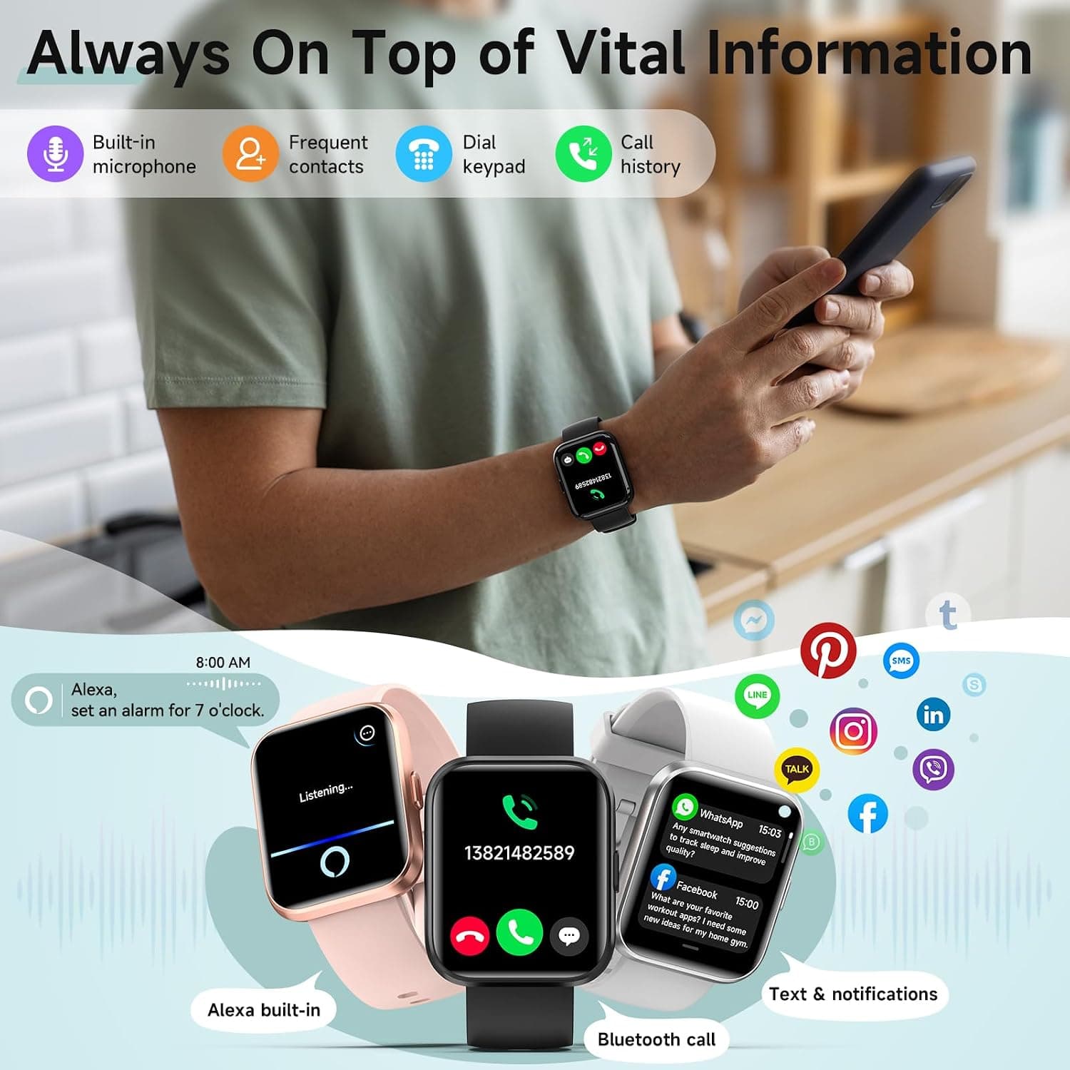 Smartwatch with 1.8 Inch Display, Built-In Alexa Voice Control, Bluetooth Calling Capabilities, and Comprehensive Health and Fitness Monitors — 3 of 5