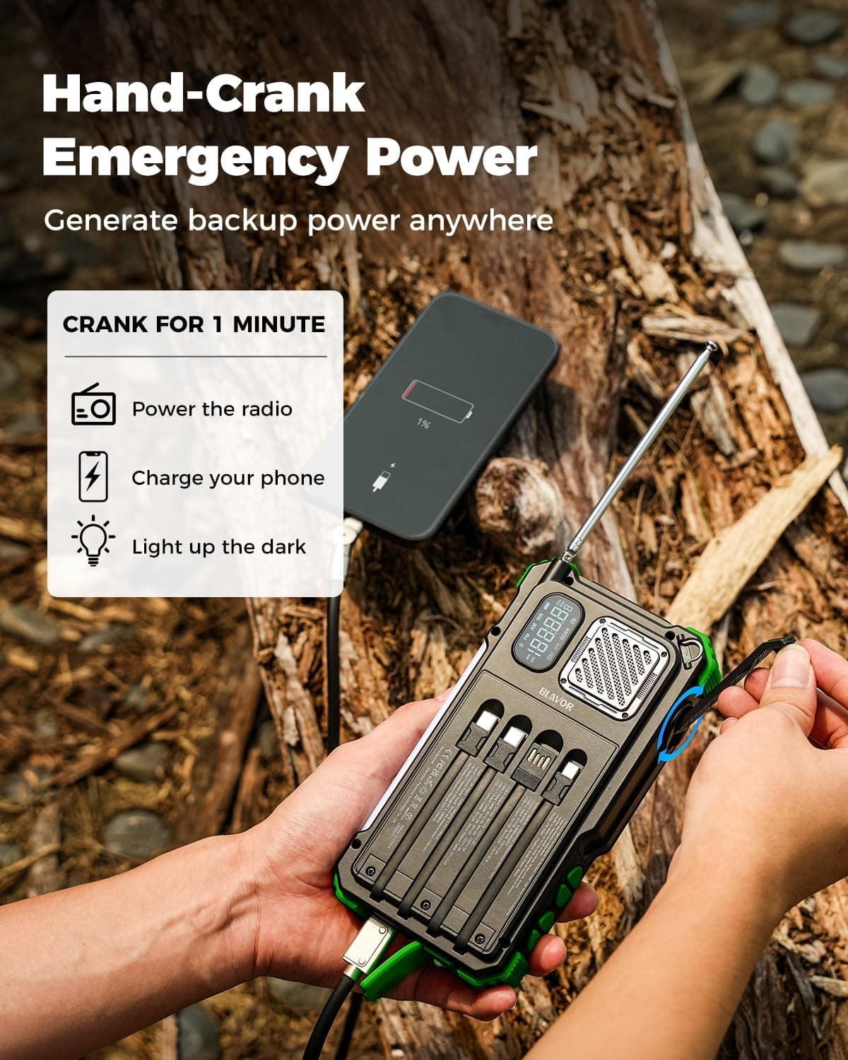 BLAVOR Hand Crank Emergency Radio with 20000mAh Power Bank, Solar Powered Charger, NOAA Weather Alerts, Built-In Flashlight and Bluetooth Speaker — 4 of 5