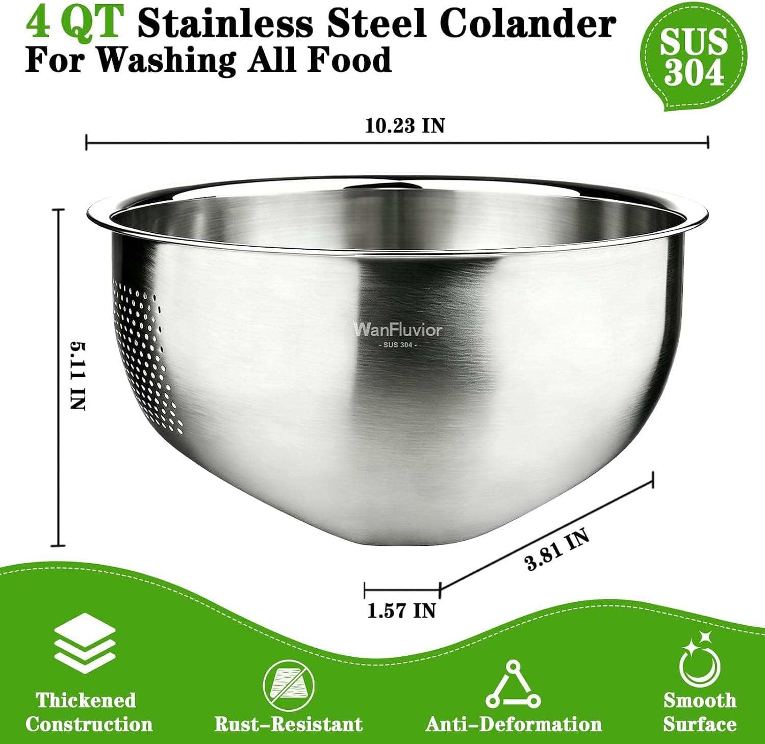 Rice Washer Strainer Bowl 4QT Stainless Steel Colander with Micro-Perforated Drainage Holes, Ergonomic Side Handle, and Rust-Resistant Design — 2 of 4