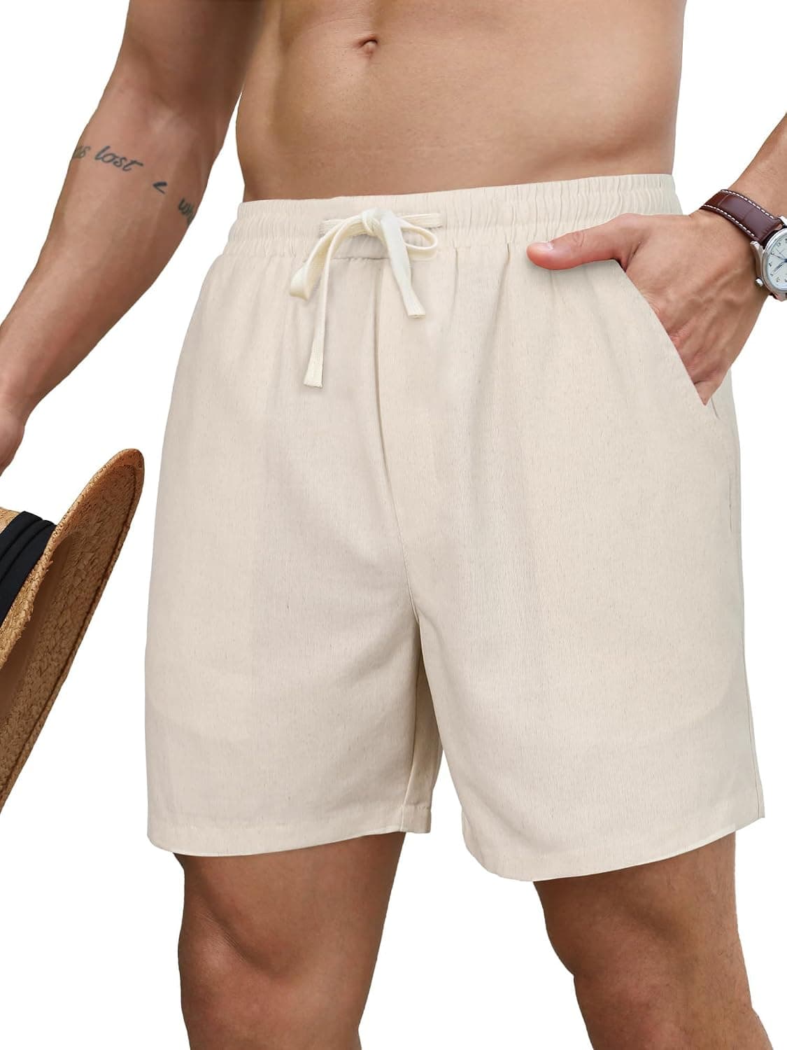 PLEPAN Mens 5 Inch Inseam Cotton Linen Shorts with Elastic Drawstring Waist, Deep Pockets, Lightweight Fabric and Breathable Summer Beach Design — 2 of 5