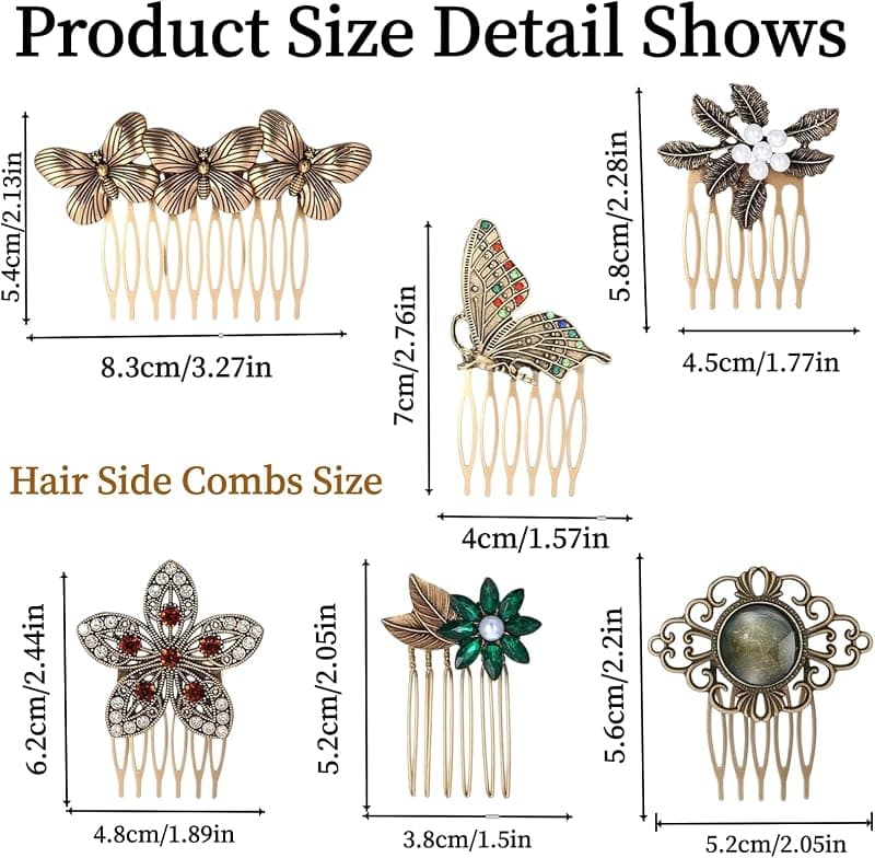 Vintage Gold Hair Side Combs 6-Piece Set with Butterfly, Flower, Leaf, Pearl, and Rhinestone Details for French Twist Bridal Wedding Party Styles — 2 of 5
