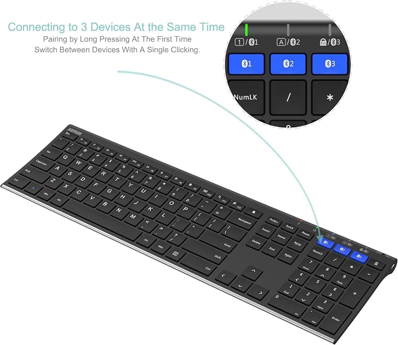 Arteck HB192 Universal Bluetooth Keyboard Stainless Steel Full Size Wireless Keyboard with Multi-Device Pairing and Rechargeable Battery for Multiple — 2 of 5