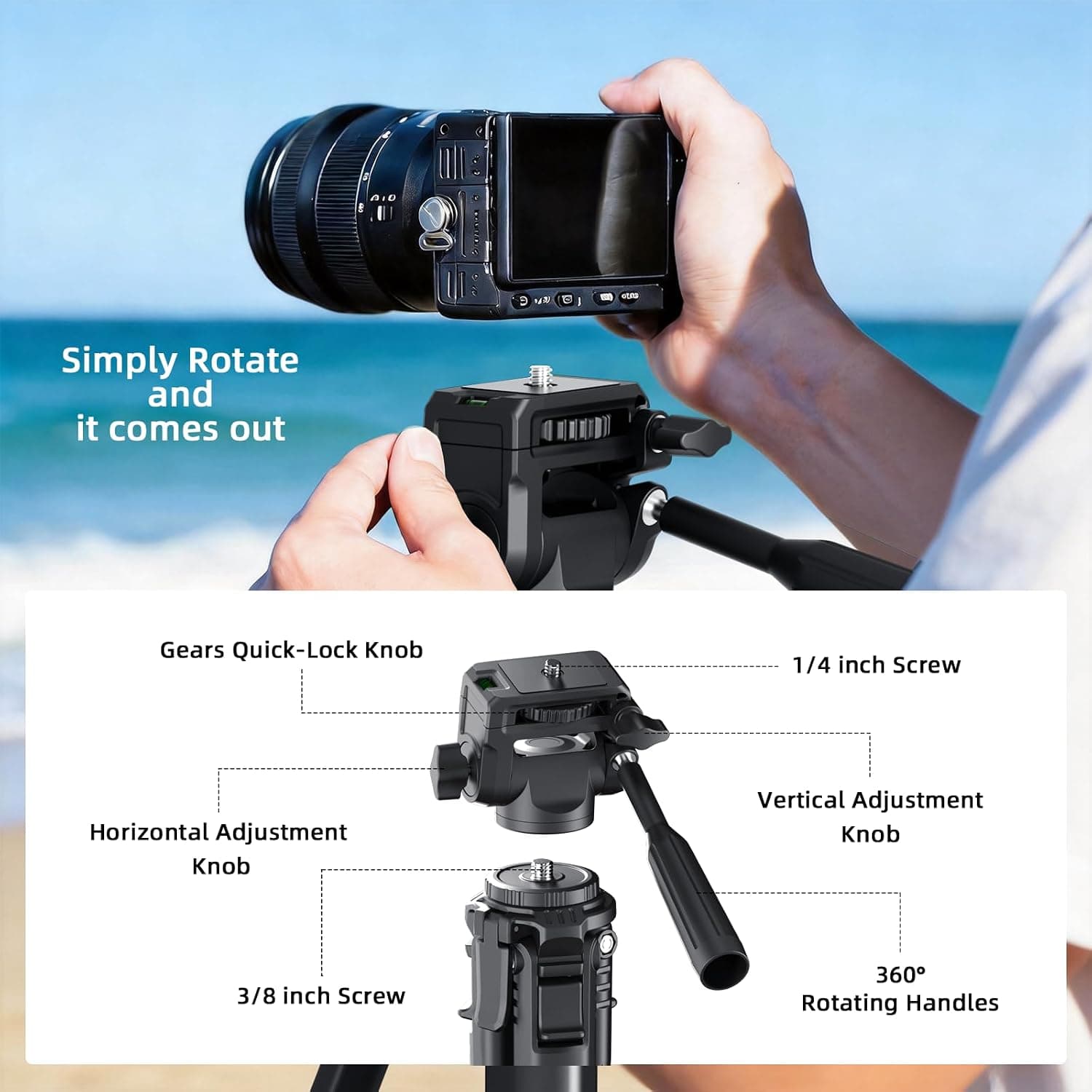 72-Inch Travel Aluminum Camera Tripod with Adjustable Height, Sturdy Stand Construction, Quick Release Plate, and Universal Mount Compatibility — 3 of 5